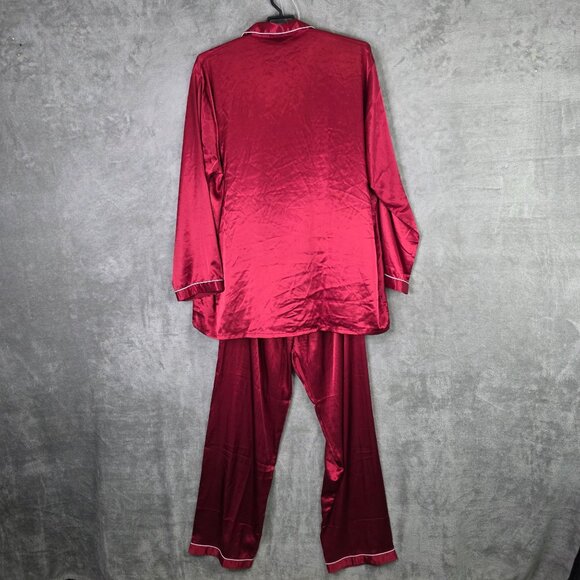 Womens Lonxu Satin Pajama Shirt & Pants Set Button-Up Red White Piping Size 4XL - Picture 5 of 15